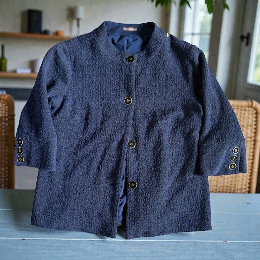 J.McLaughlin Navy Textured Button-Up Jacket 3/4 Sleeve Women’s Outerwear Cotton